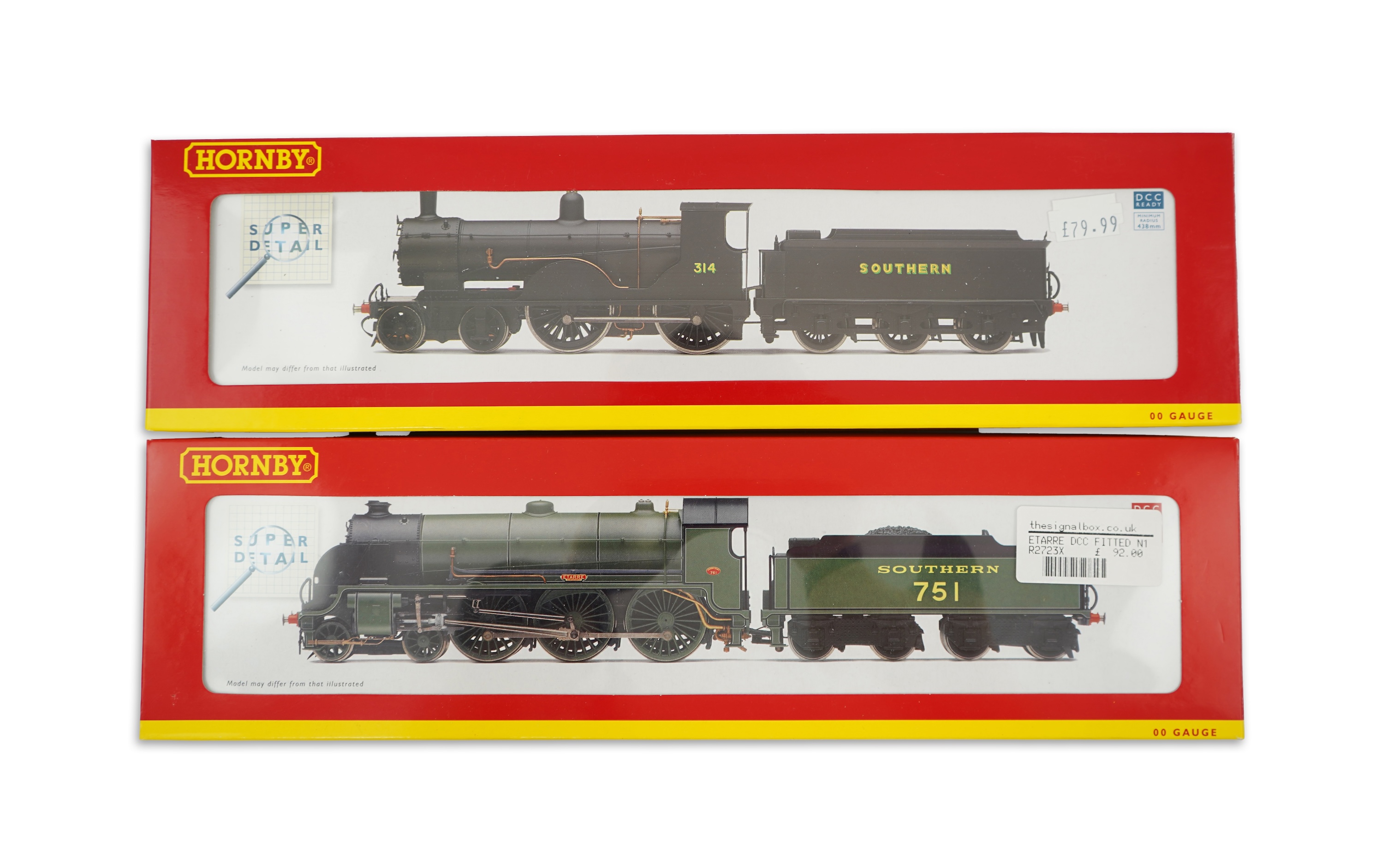 Two boxed Hornby Hobbies 00 gauge railway Southern Railway tender locomotives; a class T9, 314, (R2829), together with a class N15, Etarre 751, (R2723X)